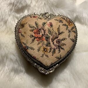 Vintage heart shaped ornate silver Victorian trinket box  tapestry lid